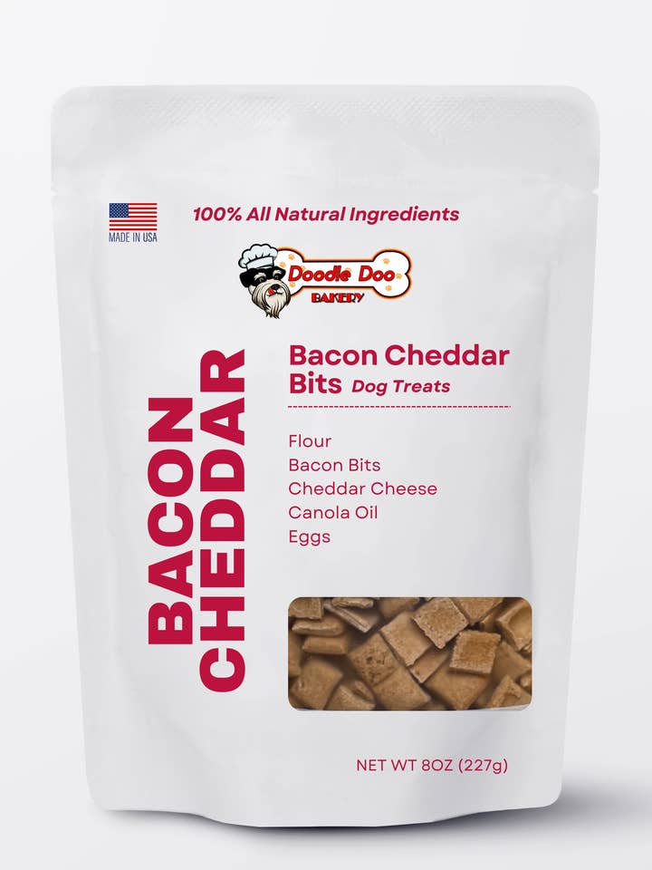 Homemade Dog Treats - Bacon Cheddar Bits 1/2 lb for wholesale by Doodle Doo Bakery