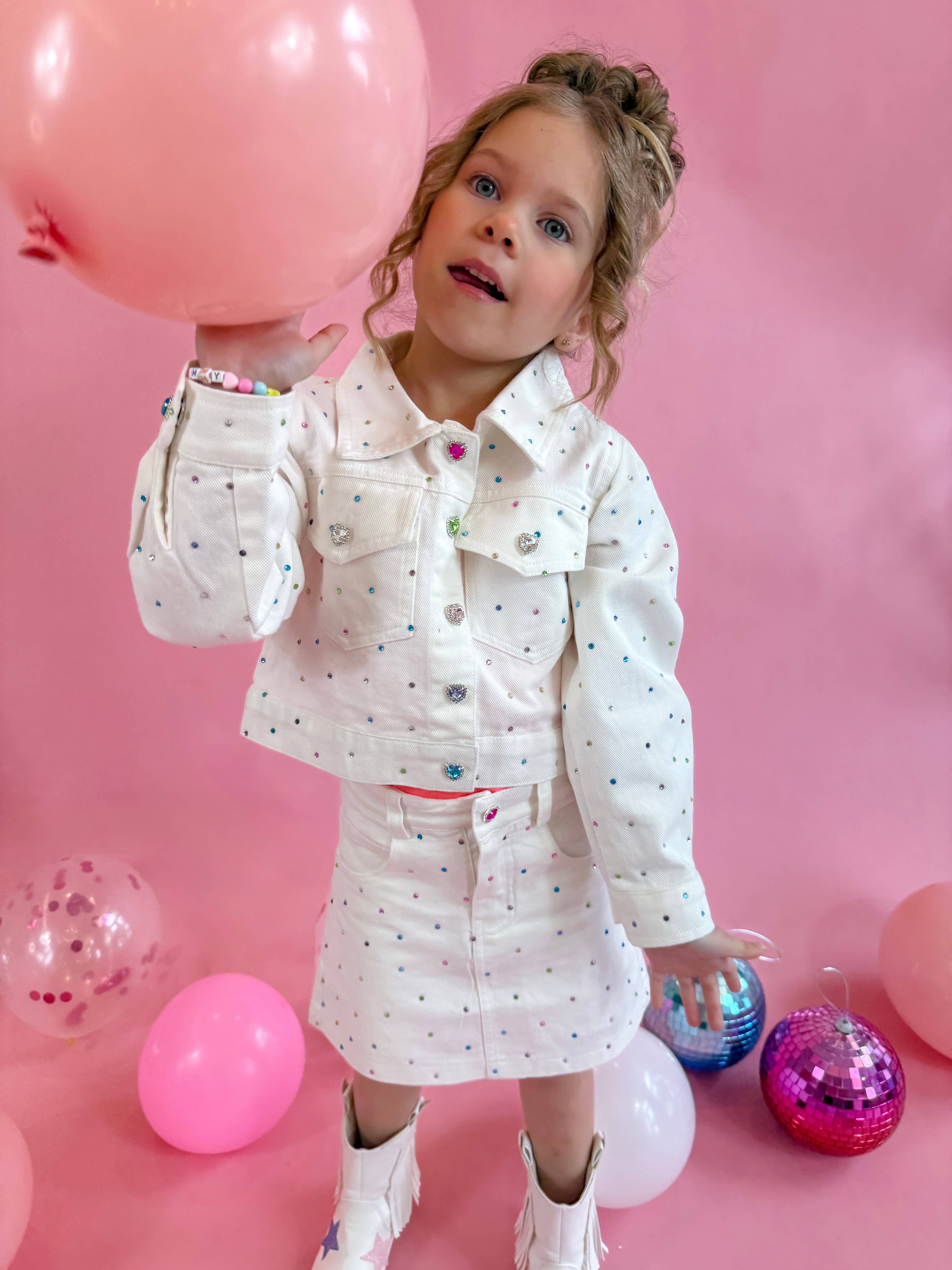 Ellie and Mila - Vente Ensemble haut et jupe – enfant - Ensemble Gemmes en Denim Blanc - Veste et Jupe tendance6