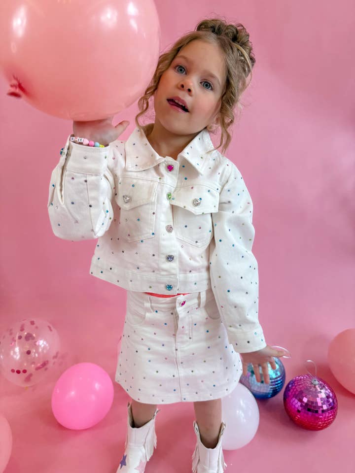 Ellie and Mila - Vente Ensemble haut et jupe – enfant - Ensemble Gemmes en Denim Blanc - Veste et Jupe tendance6