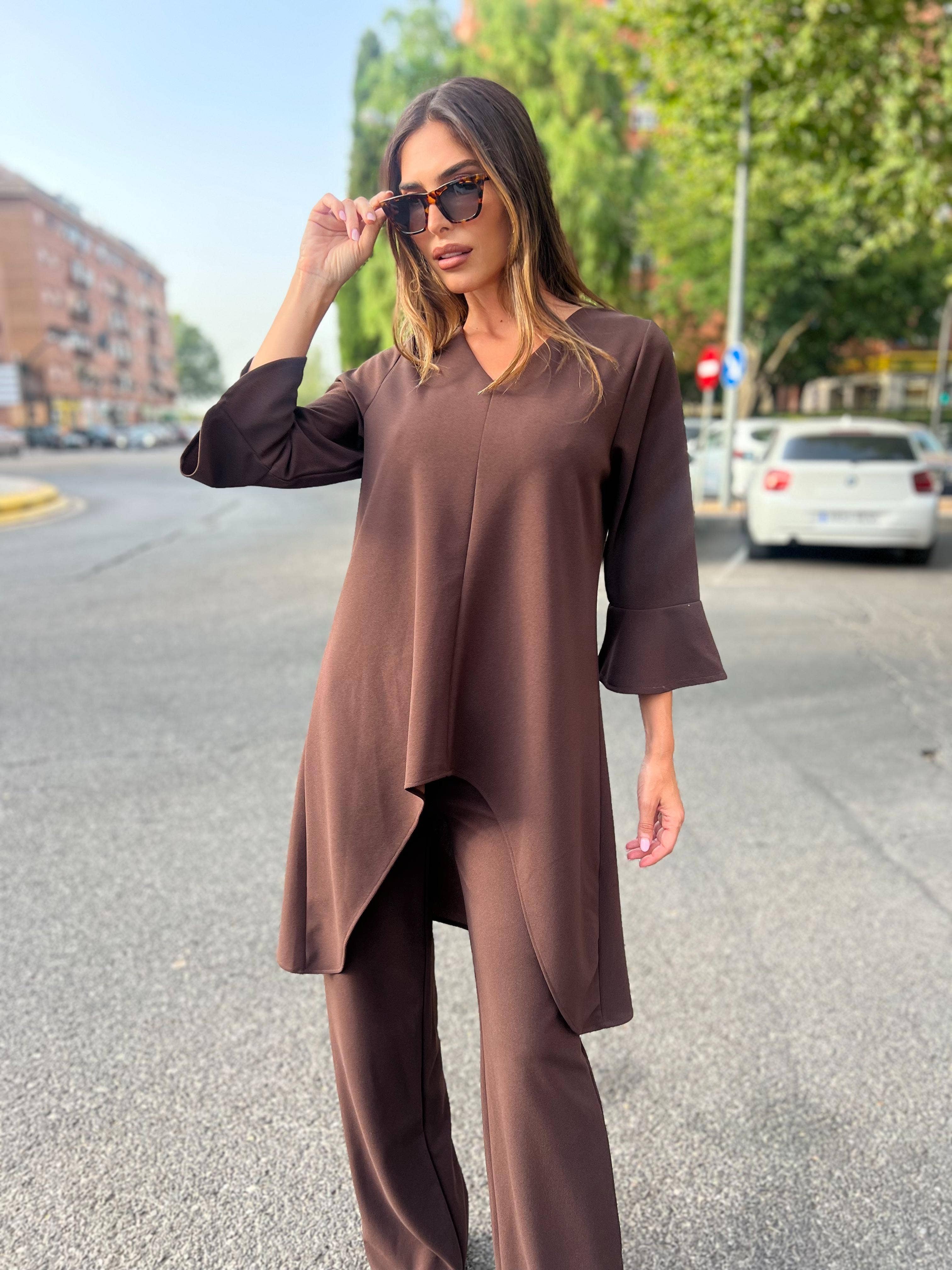 Julie d orleac - Wholesale Top & Pant Set (NOT Loungewear) - Women's - Long tunic and pants set in chocolate brown neocrepe2