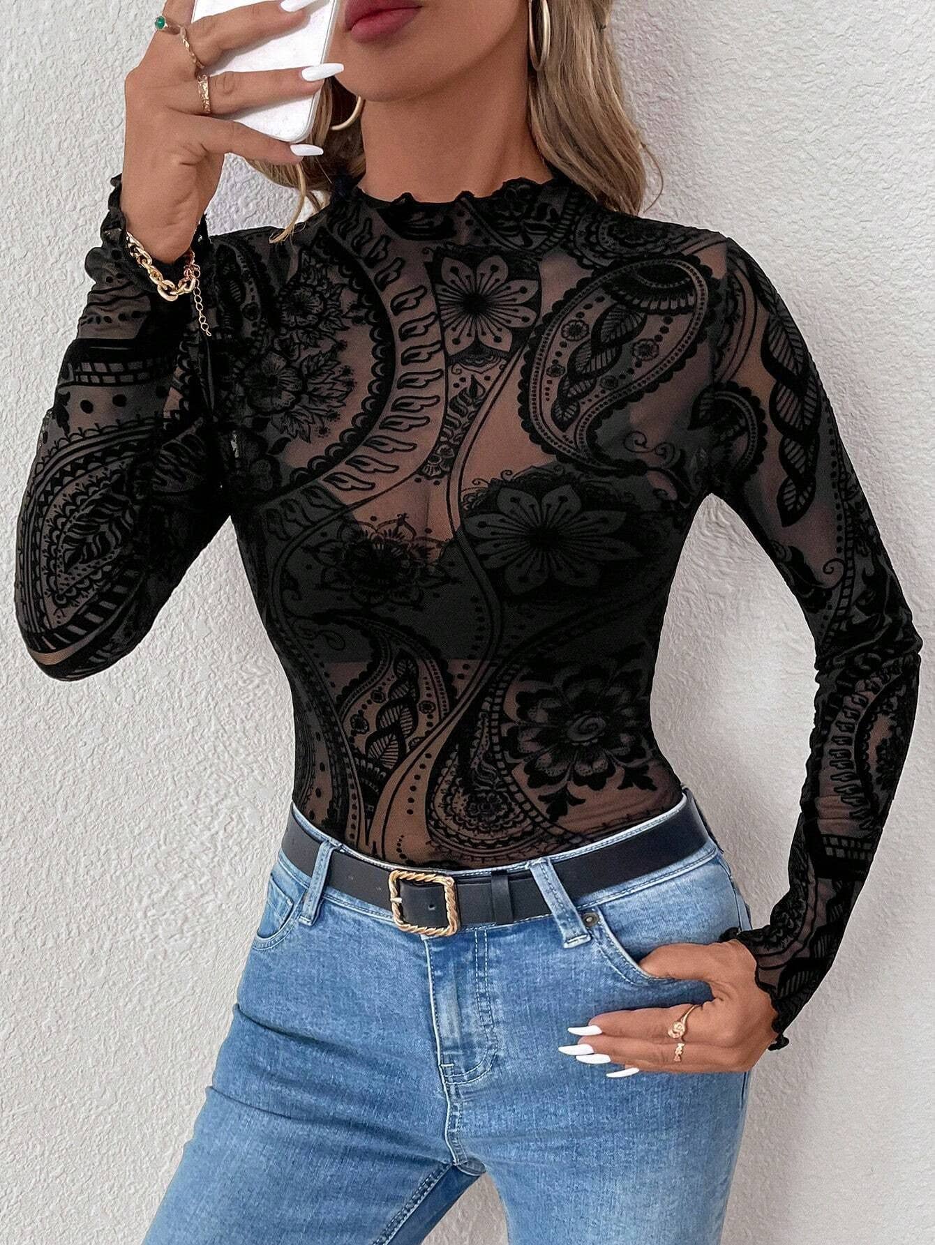 Black Paisley Velvet Print Mesh Top for wholesale on Faire1