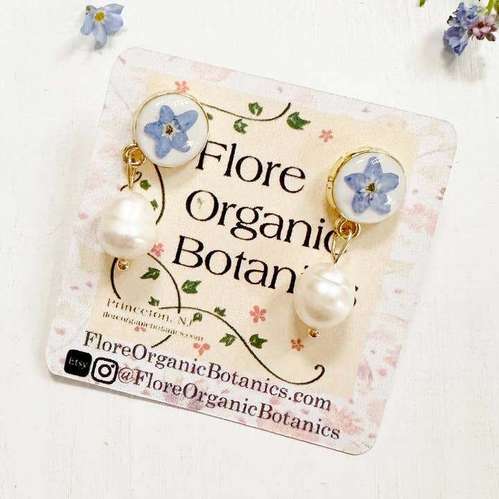 Something Blue Forget-Me-Not Earrings with Pearl Drop for wholesale by FloreOrganicBotanics