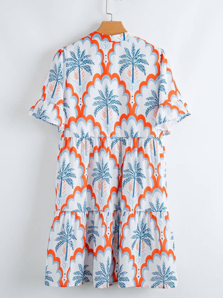 Orange Contrast Palm Tree Printed Short Sleeve Flowy Dress for wholesale on Faire