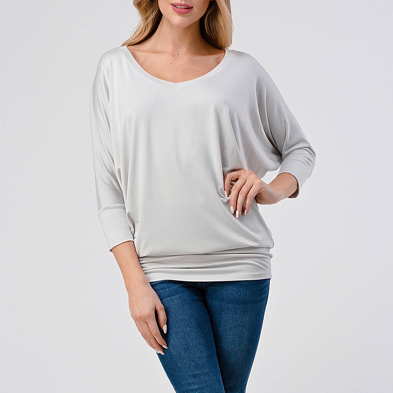 Heimious - Wholesale Knit Top - Women's - 3/4 Dolman Sleeve V-neck Modal Jersey Top, 257338