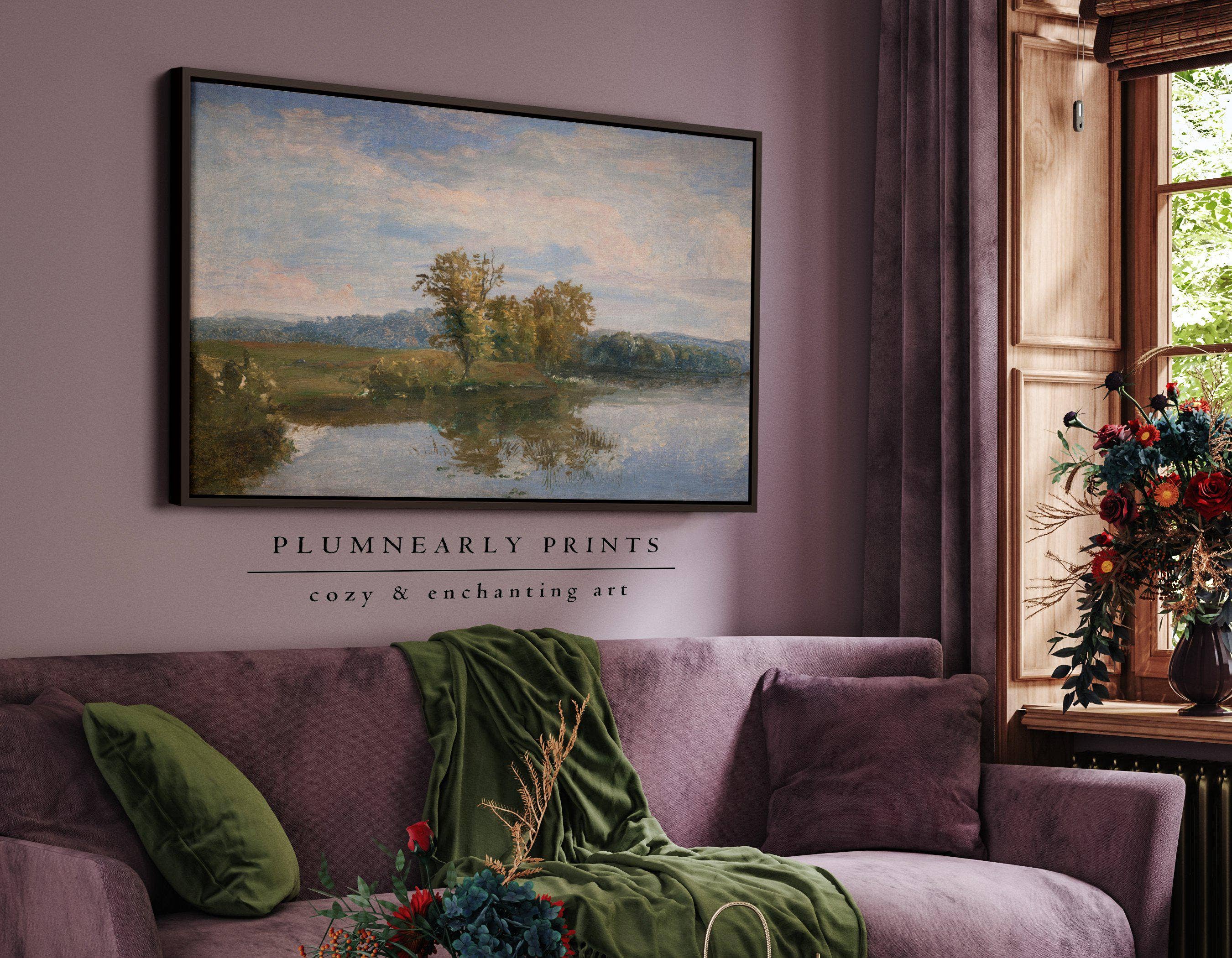 Plumnearly Prints - Wholesale Canvas Art - Sage Green Blue Lake Landscape Painting Framed Canvas Art 53