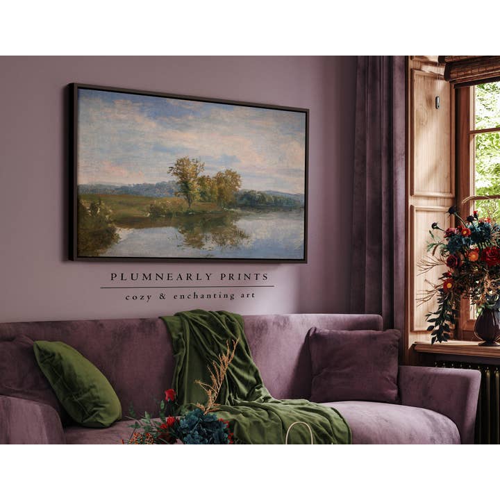 Plumnearly Prints - Wholesale Canvas Art - Sage Green Blue Lake Landscape Painting Framed Canvas Art 53