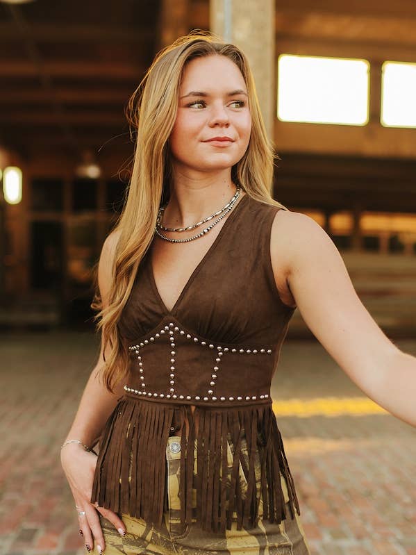 Brown Stretch Suede Vintage Studded Fringe Hem Top for wholesale by LUCKY & BLESSED
