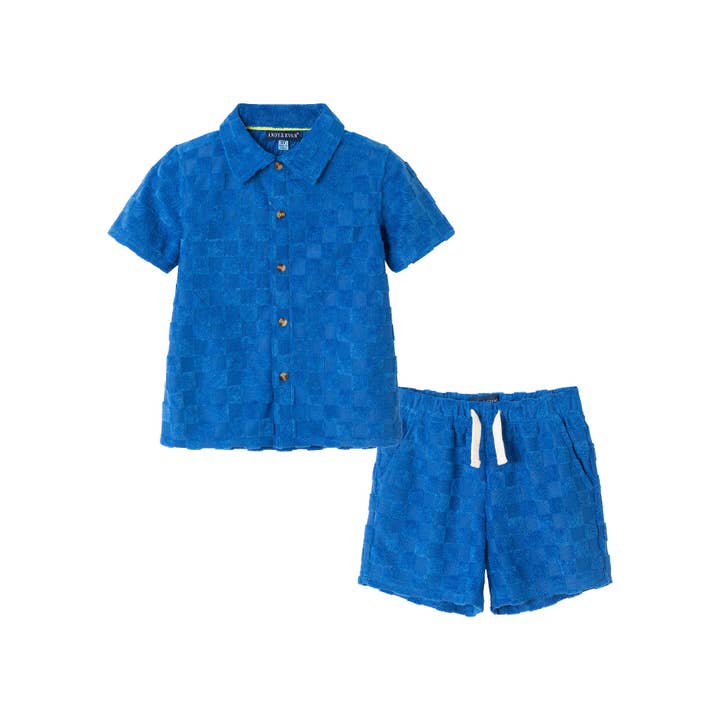 Kids (2-8) Textured Terry Shirt & Short Set| Blue Check for wholesale on Faire