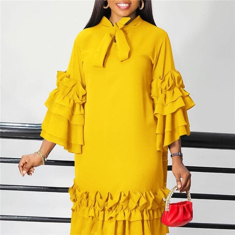 UZ Wholesale Store - Wholesale Dress - Women's - Stylish Ruffle Hem Trumpet Sleeve Dress3