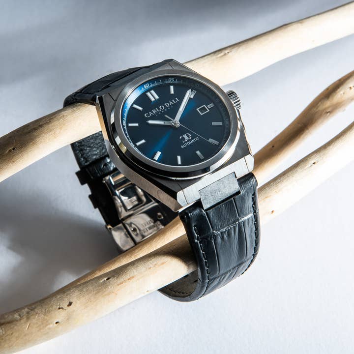 Carlo Dali - Wholesale Wrist Watch - Men's - "1888 Automatic" Black, Silver & Blue Leather Watch