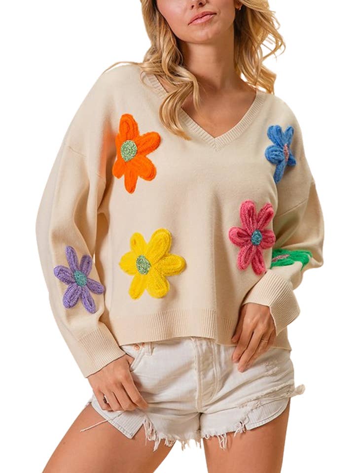OATMEAL Crochet Flower Patches Sweater for wholesale on Faire