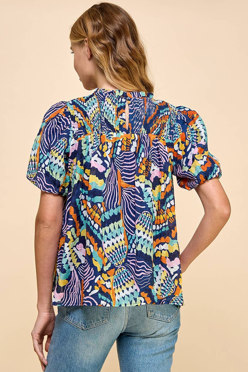 Blue CT8923-TCEC Printed Puff Sleeve Top  for wholesale on Faire3