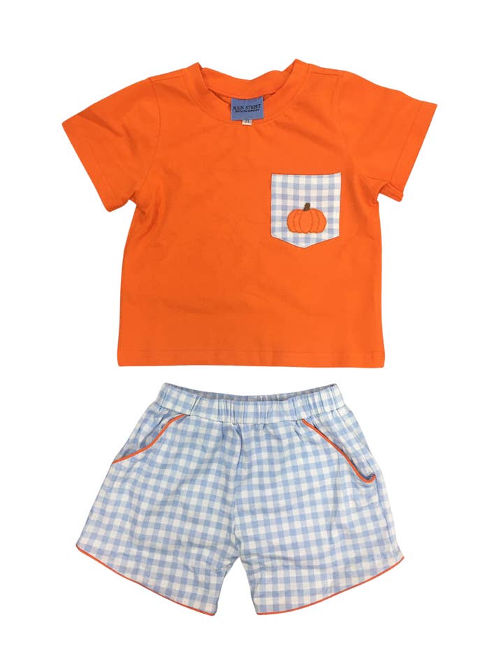 James Pocket Tee & Shorts Set : Gingham Pumpkin for wholesale by Main Street Smocking Company