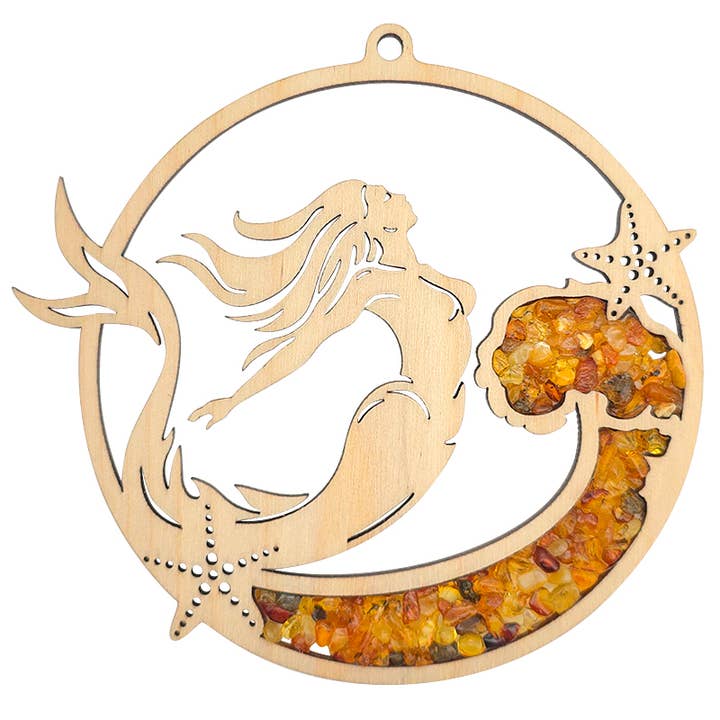 Mermaid Amber And Wood Suncatcher/Magnet 11 cm for wholesale by Amberman