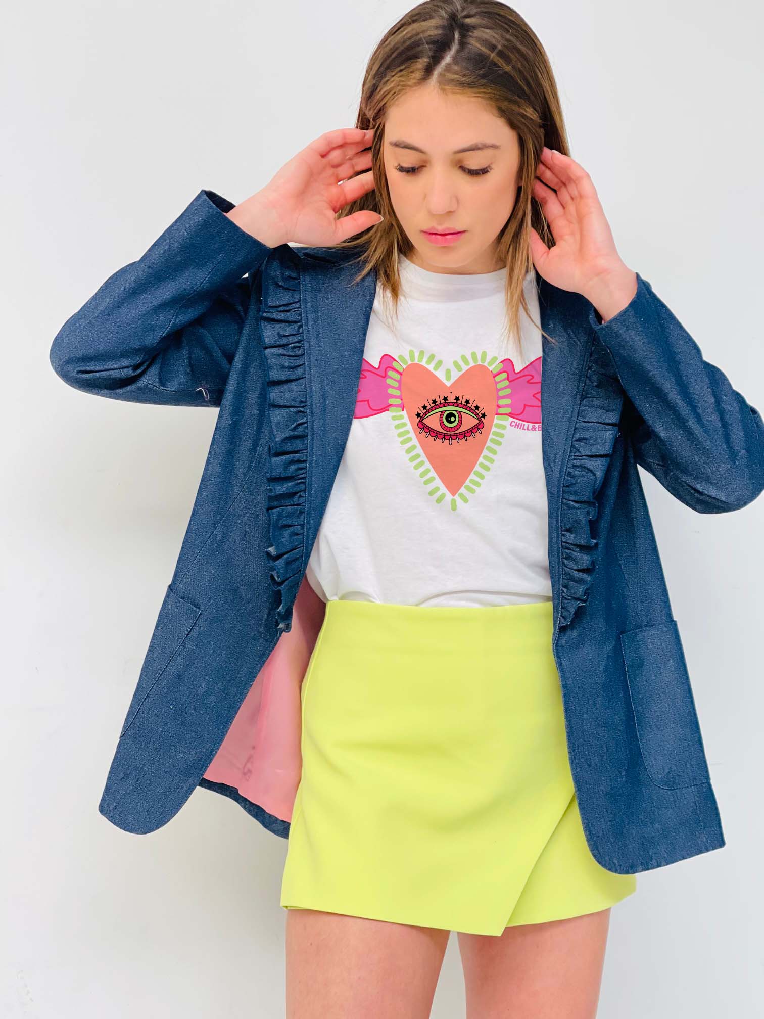 Jeans blu Blazer denim con volant Wings Eyes e stampa sul retro in vendita all'ingrosso su Faire2