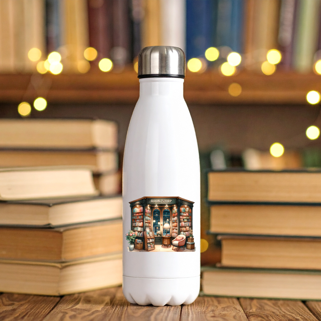 Les Moonettes - Wholesale Insulated Mug/Tumbler - White stainless steel water bottle "The Enchanted Bookstore"0