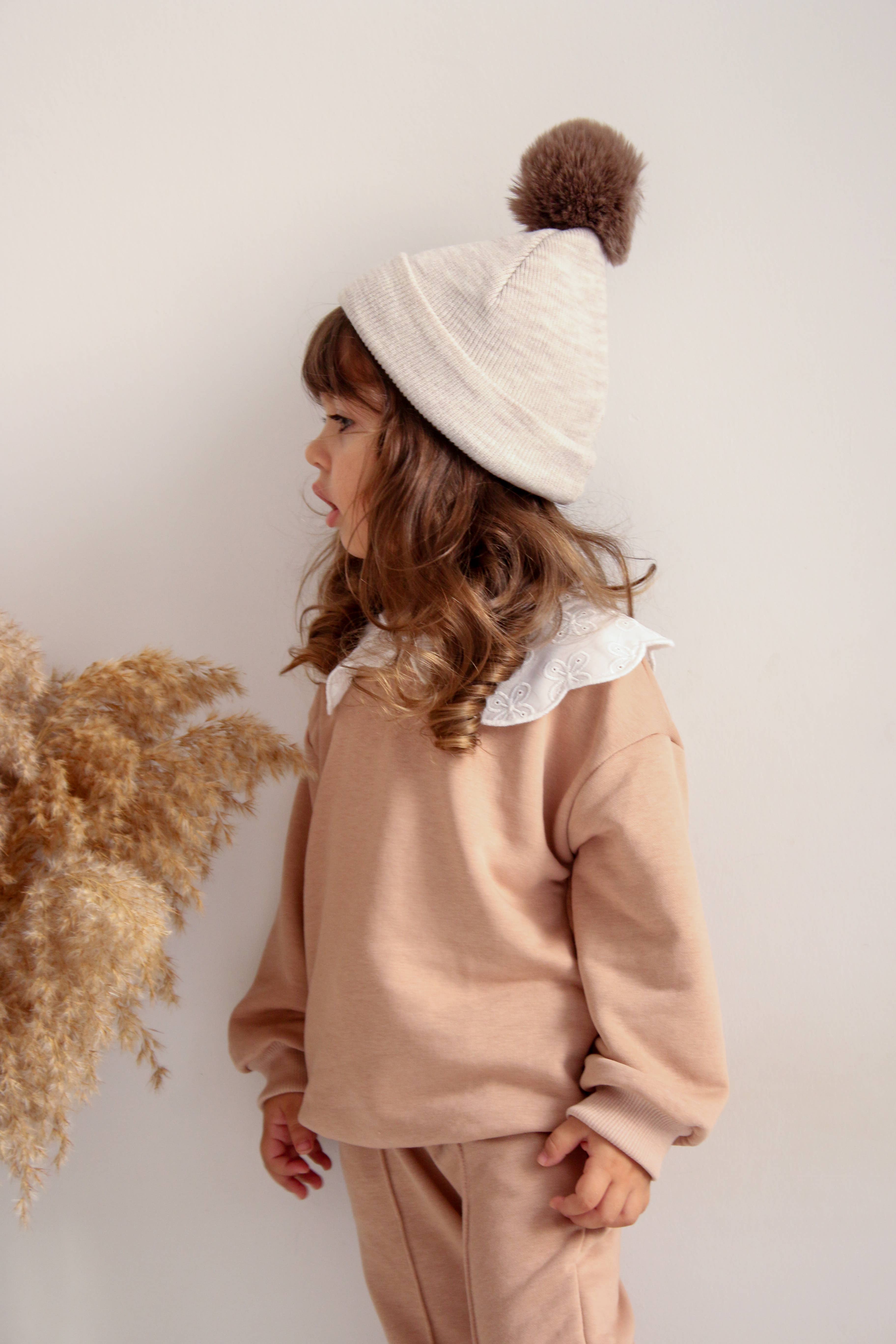 Vizon Single Pom Pom Baby/Kid's Marble Beige Beanie Hat 0-8 Years for wholesale on Faire4