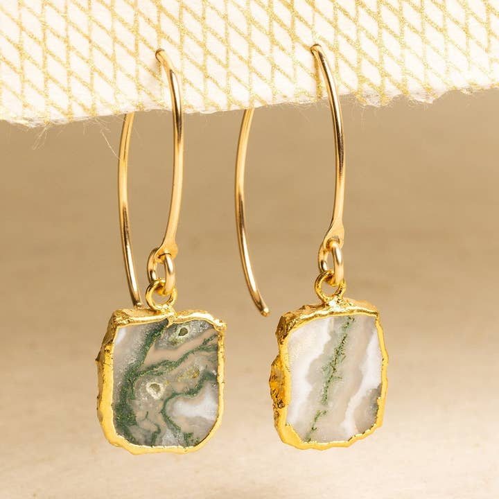 Boucles d'oreilles Moss Solar Quartz Slice en or 14 carats avec pierres précieuses pour la vente par Soul & Little Rose