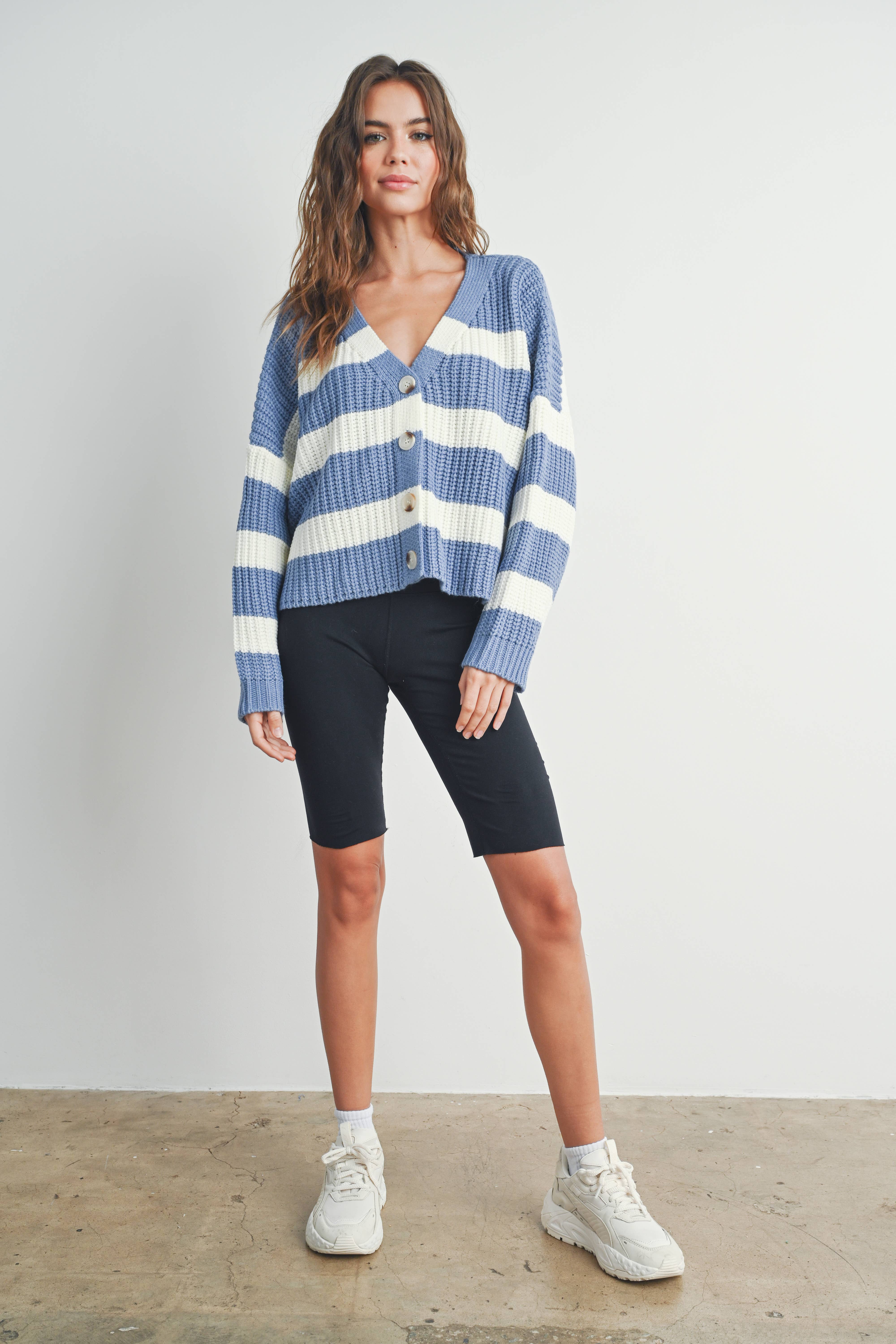 BUTTERMELON – wholesale Cardigan – Women’s – Striped V-Neck Cardigan with Buttons - BMC733113