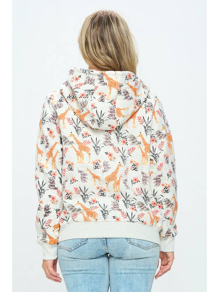 SM WARDROBE – wholesale Hoodie - Dam – GIRAFF BLOMMIG TRYCK ZIP UPP HOODIE