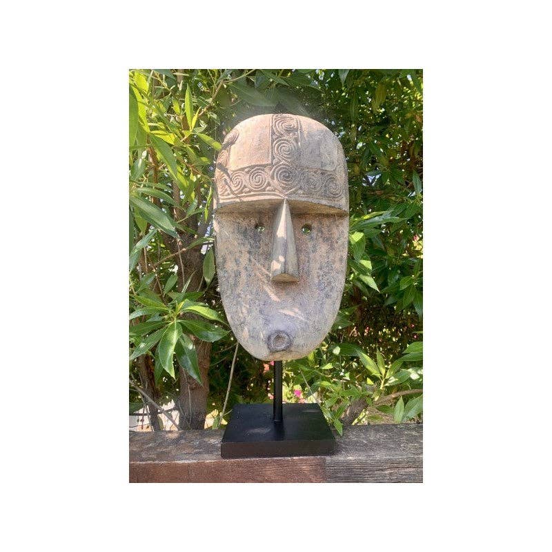 Paloma Black (Casa Natura Design, S.L.) - Wholesale Sculpture - Large Heavy & Solid Wooden Hand Carved Mask On Stand With5