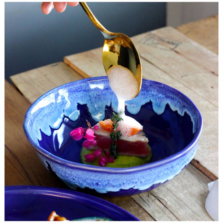 Ceramic Glossy Reactive Blue Foam Wavy Bowl, 7 Inch for wholesale by Roro