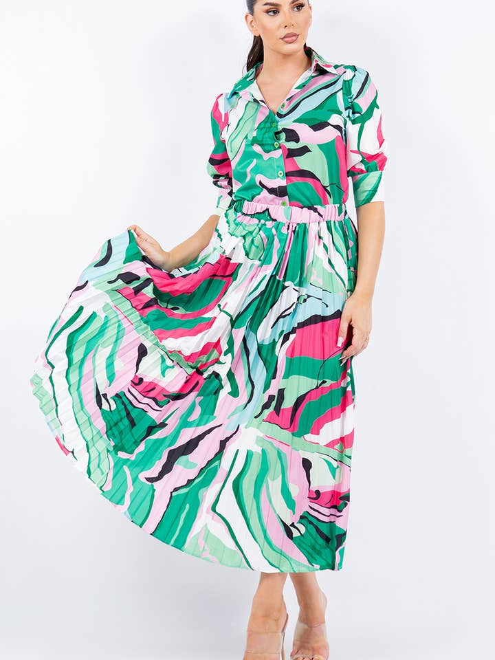 Damen-Set aus mehrfarbigem Hemd und Rock für den Großhandel von Fashion Space