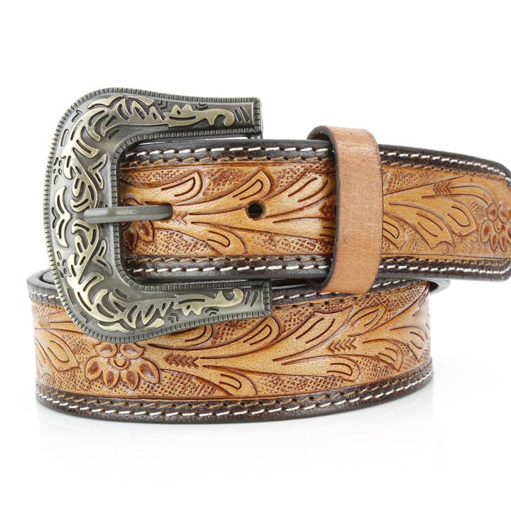 Tan Tooled Leather Floral Belt Unisex Western RMB 14-2502 for wholesale by Leather Impressions Inc
