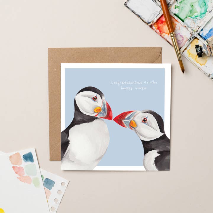 Happy Puffins Wedding Engagement card for wholesale by lil wabbit
