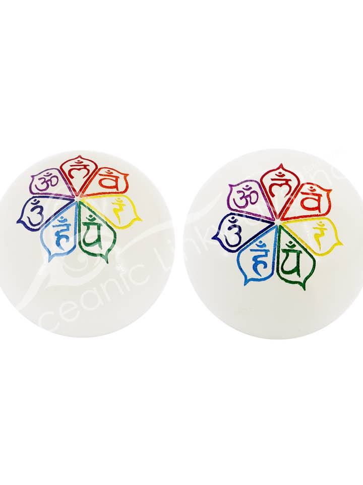 (PC)SPHERE - SELENITE ENGRAVED CHAKRAS WITH COLORS 2.75" for wholesale by Oceanic Linkways Inc