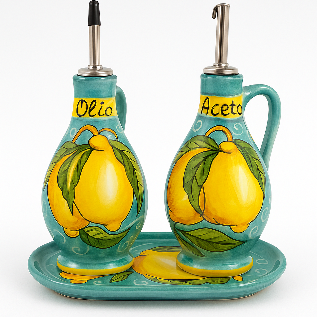 Made in eatalia – wholesale Oil/vinegar dispenser – Sorrento Ceramic Oil & Vinegar Cruet Set – Lemon Design (Handmade in Sorrento, Italy)0