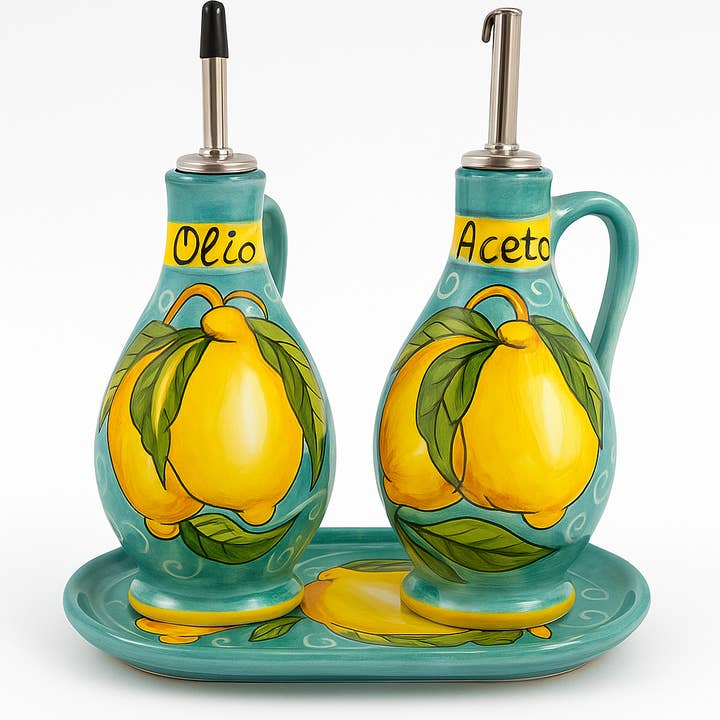 Made in eatalia – wholesale Oil/vinegar dispenser – Sorrento Ceramic Oil & Vinegar Cruet Set – Lemon Design (Handmade in Sorrento, Italy)