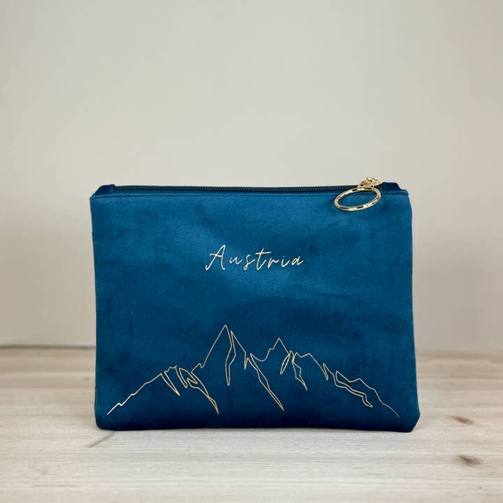 Herzilein-Wien GmbH – Großhandel Schmink-/Kosmetiktasche – Kosmetiktasche „Austria Berge“ – Samt-Außenstoff mit Satinfutter1