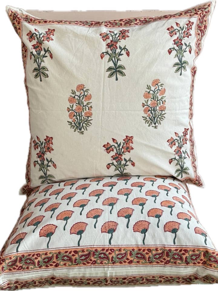Set of 2 Block Printed Cushion Covers Orange on Off White for wholesale by Traditional Trinkets & Textiles
