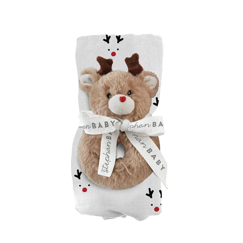 Stephan Baby by Creative Brands - Wholesale Swaddle Set - Baby - Swaddle Blanket + Plush Reindeer Rattle - Reindeer