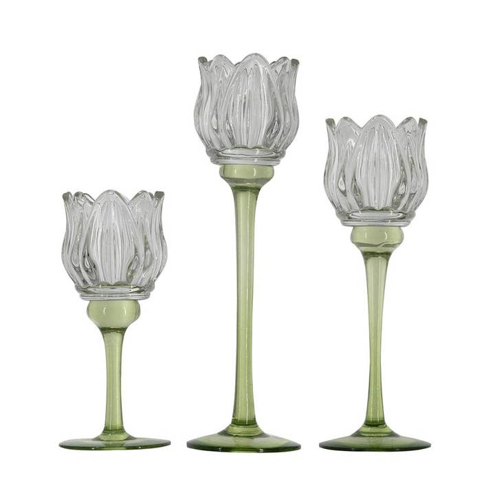 Conjunto de 3 Castiçais de Vidro em Forma de Tulipa - Transparente/Verde por atacado de A&B Home Group Inc.