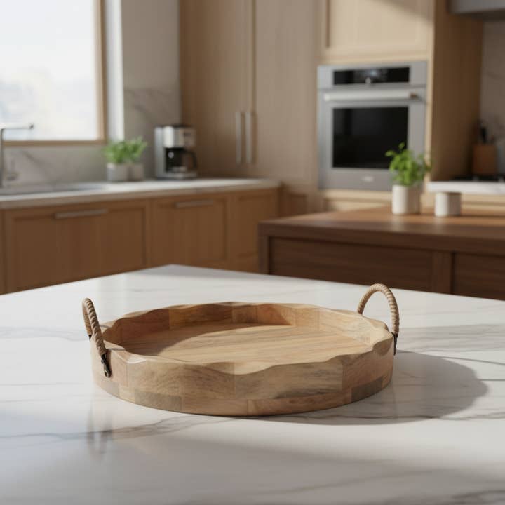ASH7907 Round Mango Wood Scallop Edge Tray - 35 cm for wholesale by IRONBRIDGE FURNITURE