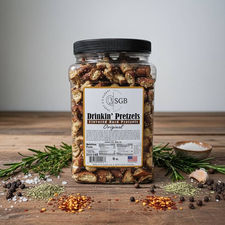 Original (Zesty) 18-oz Canister Flavored Sourdough Pretzels for wholesale by Sweet G's Bakery - Drinkin’ Pretzels™