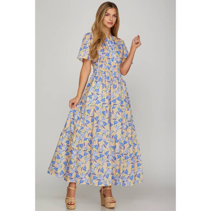 WOVEN FLORAL PRINT TIERED MAXI DRESS for wholesale by STYLE USA