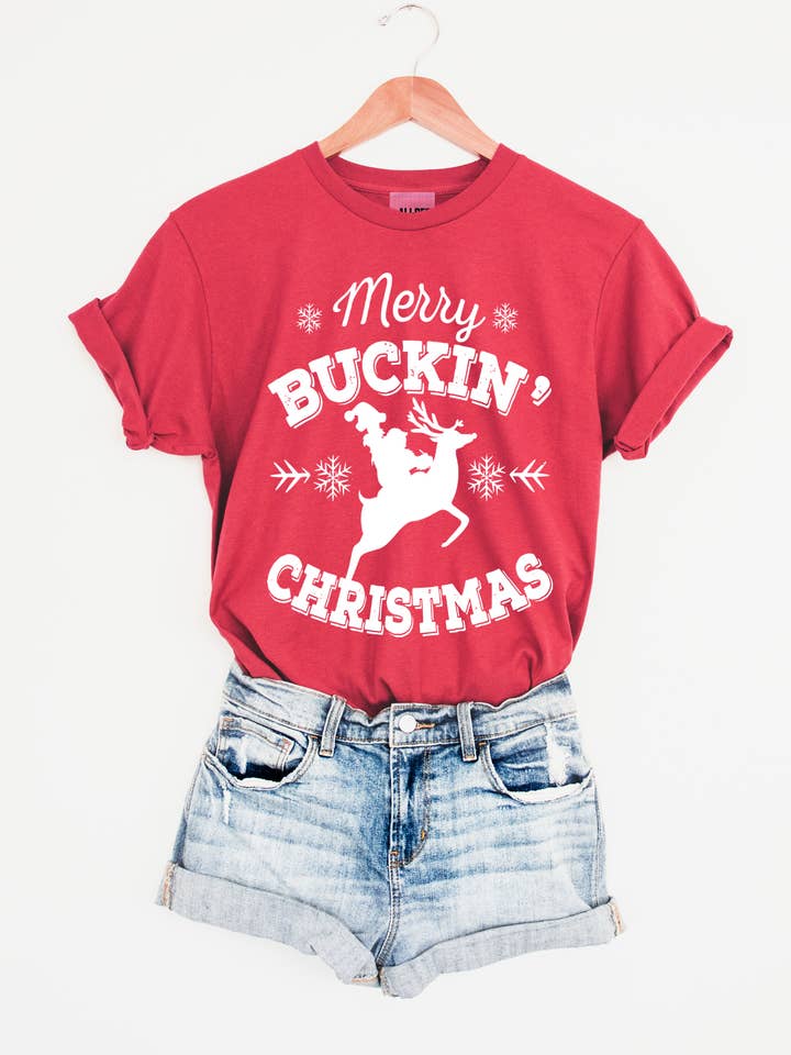 Merry Buckin Christmas Graphic Tee - Heather Red for wholesale by Ali Dee