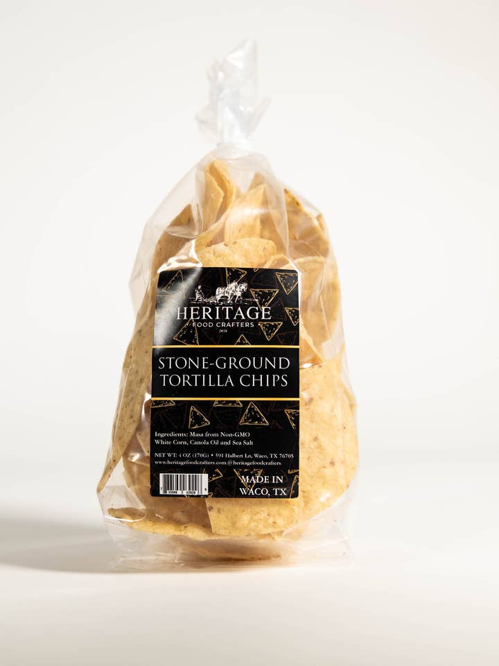 Stone-Ground White Corn Tortilla Chips - 4oz for wholesale by Heritage Food Crafters