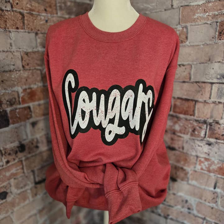 Distressed Script Cougars School Spirit Sweatshirt for wholesale by Shirts & Giggles