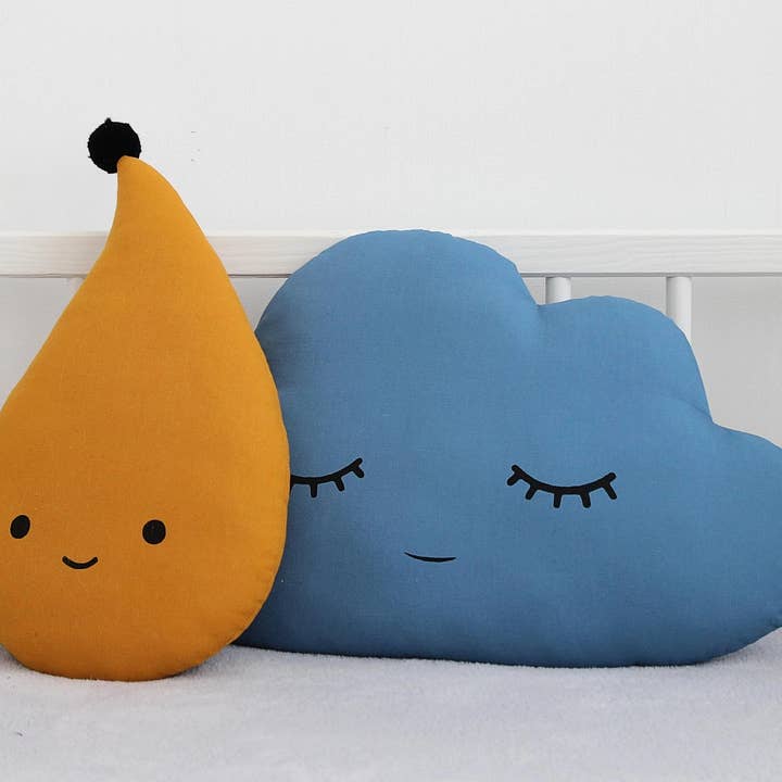 Set Of Petrol Blue Cloud And Mustard Raindrop Cushions for wholesale by ProstoConcept
