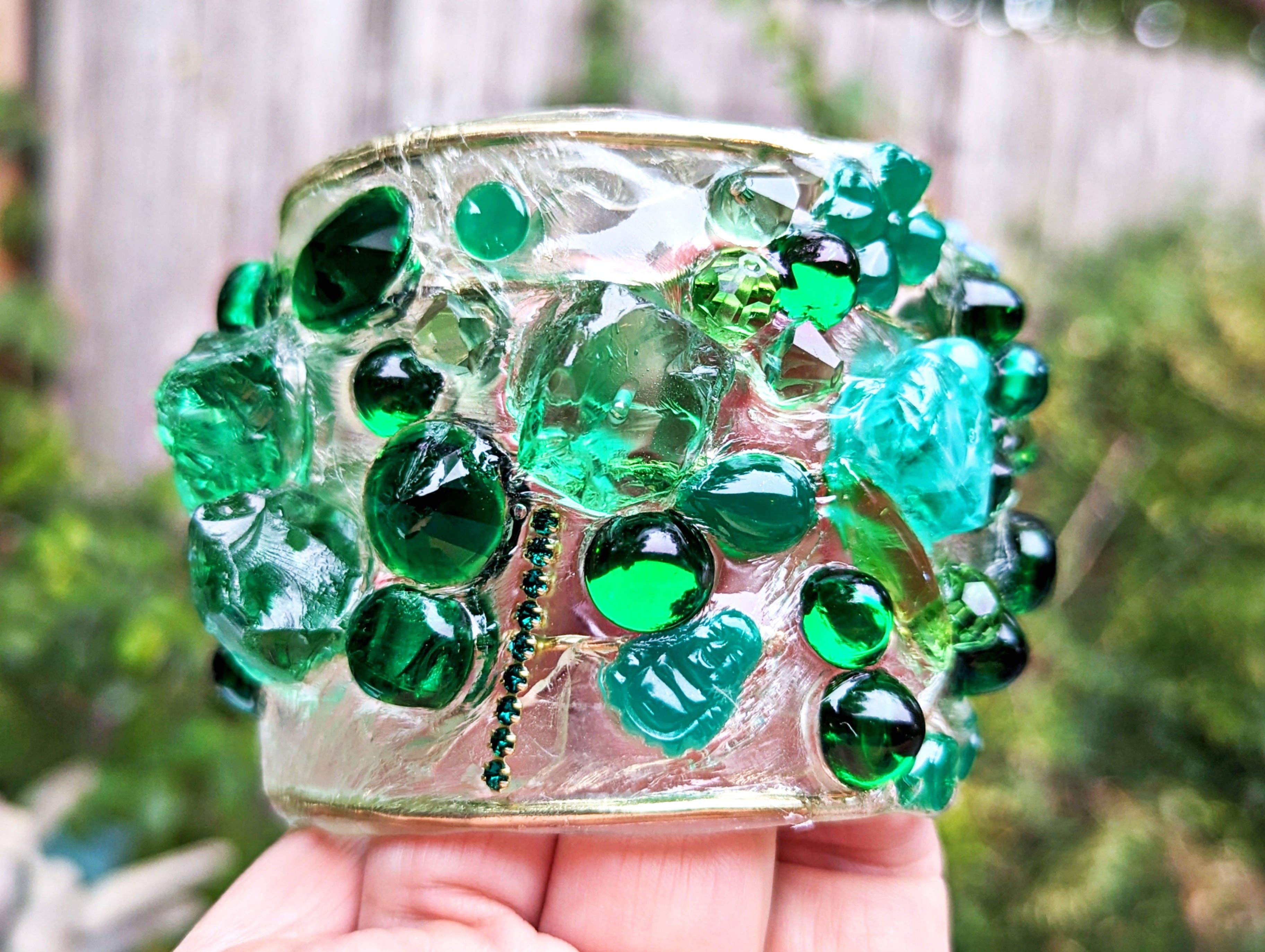 Gay Isber Designs - Wholesale Cuff Bracelet - Emerald Green Clear Confetti 2.5 inch wide Clear Resin Cuff Bracelet Vintage Swarovski Faceted Stones Handmade Sustainable USA Sugar Gay Isber2