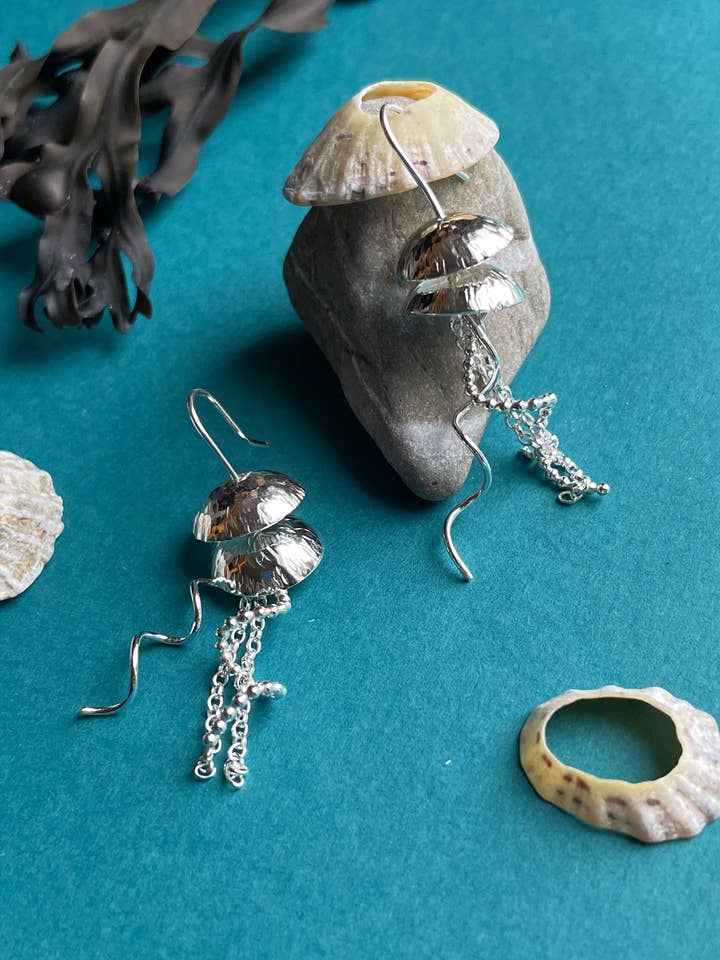 Jingling Jellyfish Recycled Silver Handmade Earrings for wholesale by Buoy Oh Buoy Studio