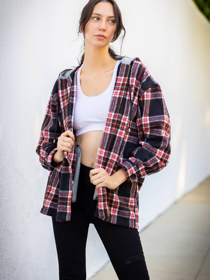 Easy-Going Kariertes Hemd mit Kapuzenpullover, SCHWARZ, ROT, WEISS für den Großhandel von Urban Diction