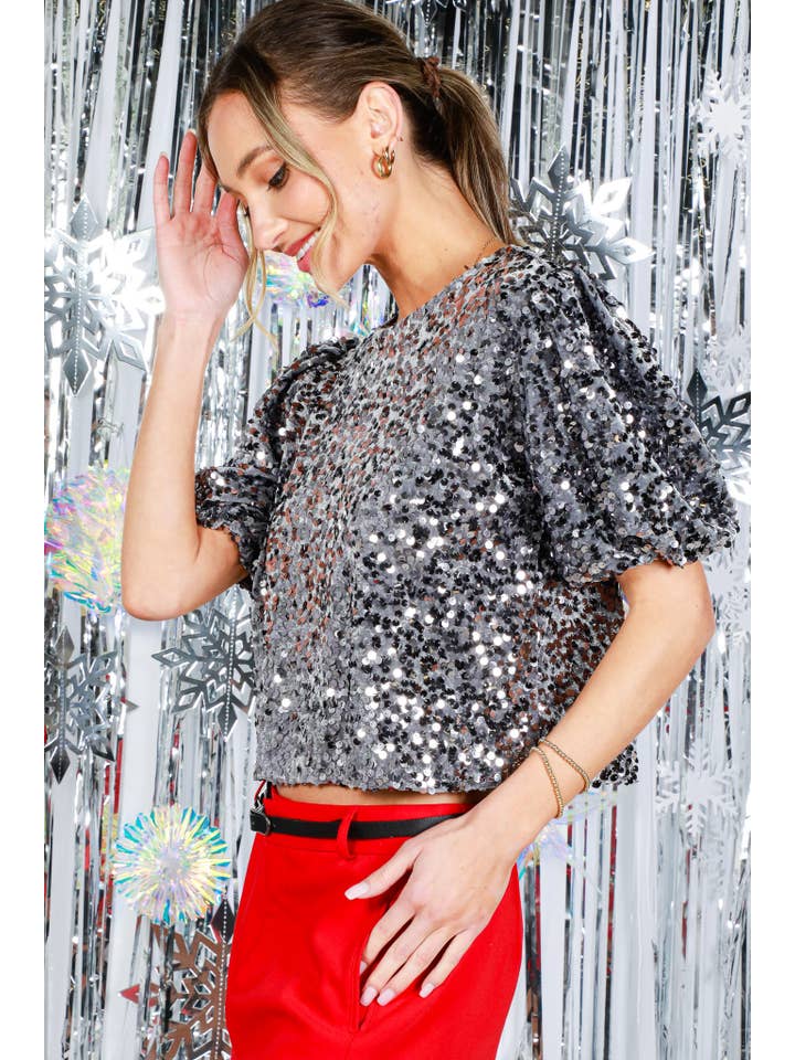 Vine & Love - Wholesale Blouse - Women's - Velvet Sequin Accent Round Neck Puff Sleeve Blouse VT819553