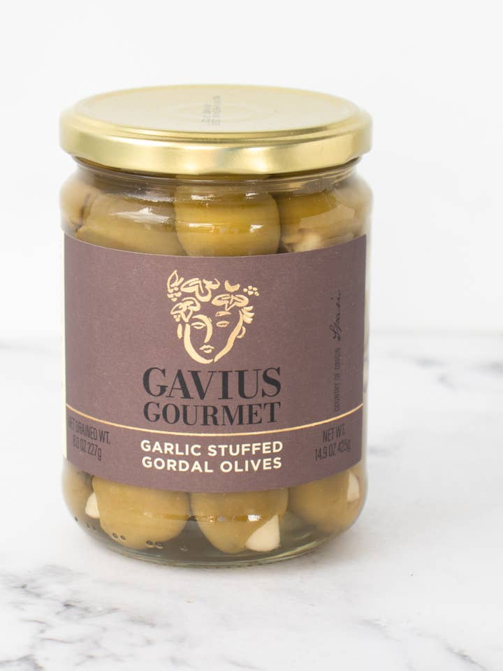 Garlic Stuffed Manzanilla Olives for wholesale by Seasons Olive Oil & Vinegar Taproom