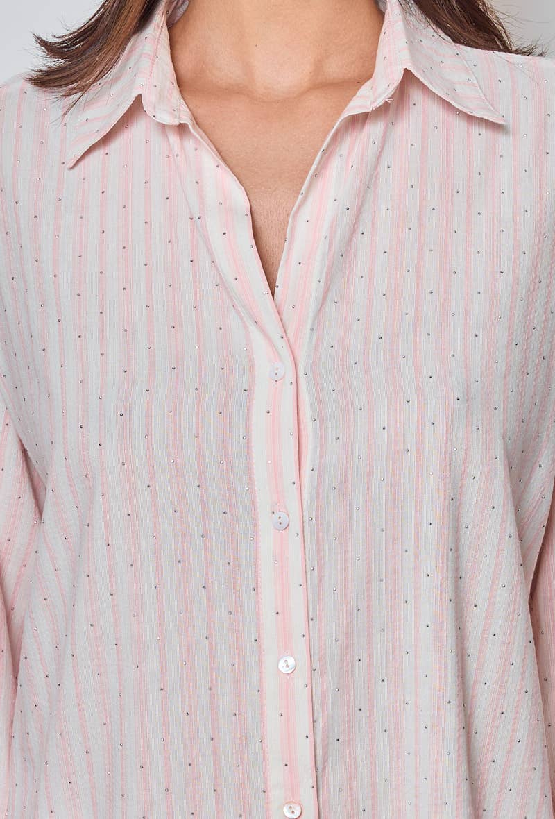 KY CREATION PARIS - Vente Chemise à col boutonné – femme - Chemise à rayures avec strass11