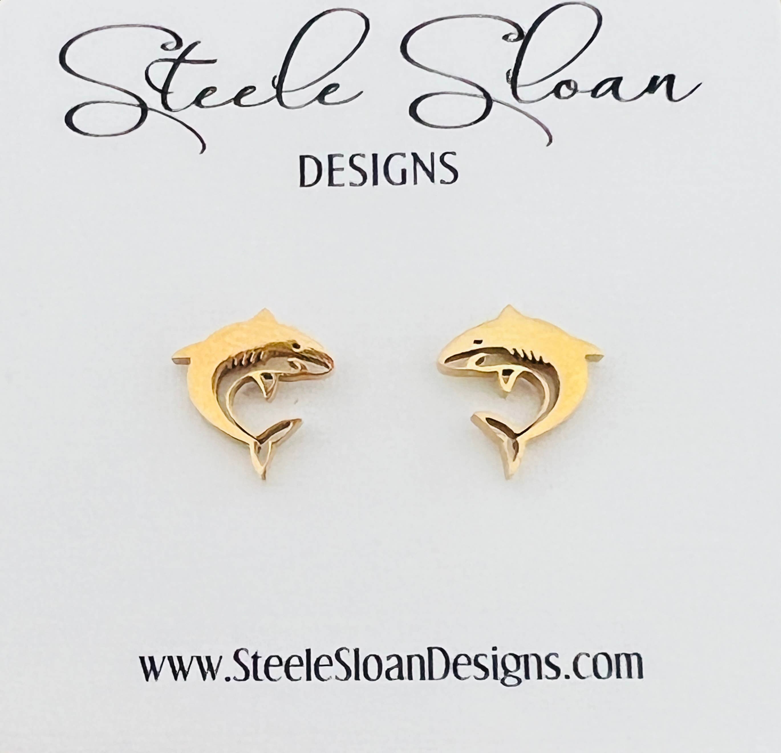 Steele Sloan Designs - Wholesale Stud/Post Earrings - Go Sharks! Cute Shark Gold Stud Earrings - Shark Gift